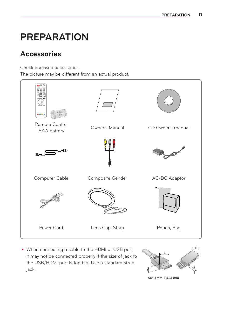 Preparation, Accessories | LG PA70G User Manual | Page 11 / 60