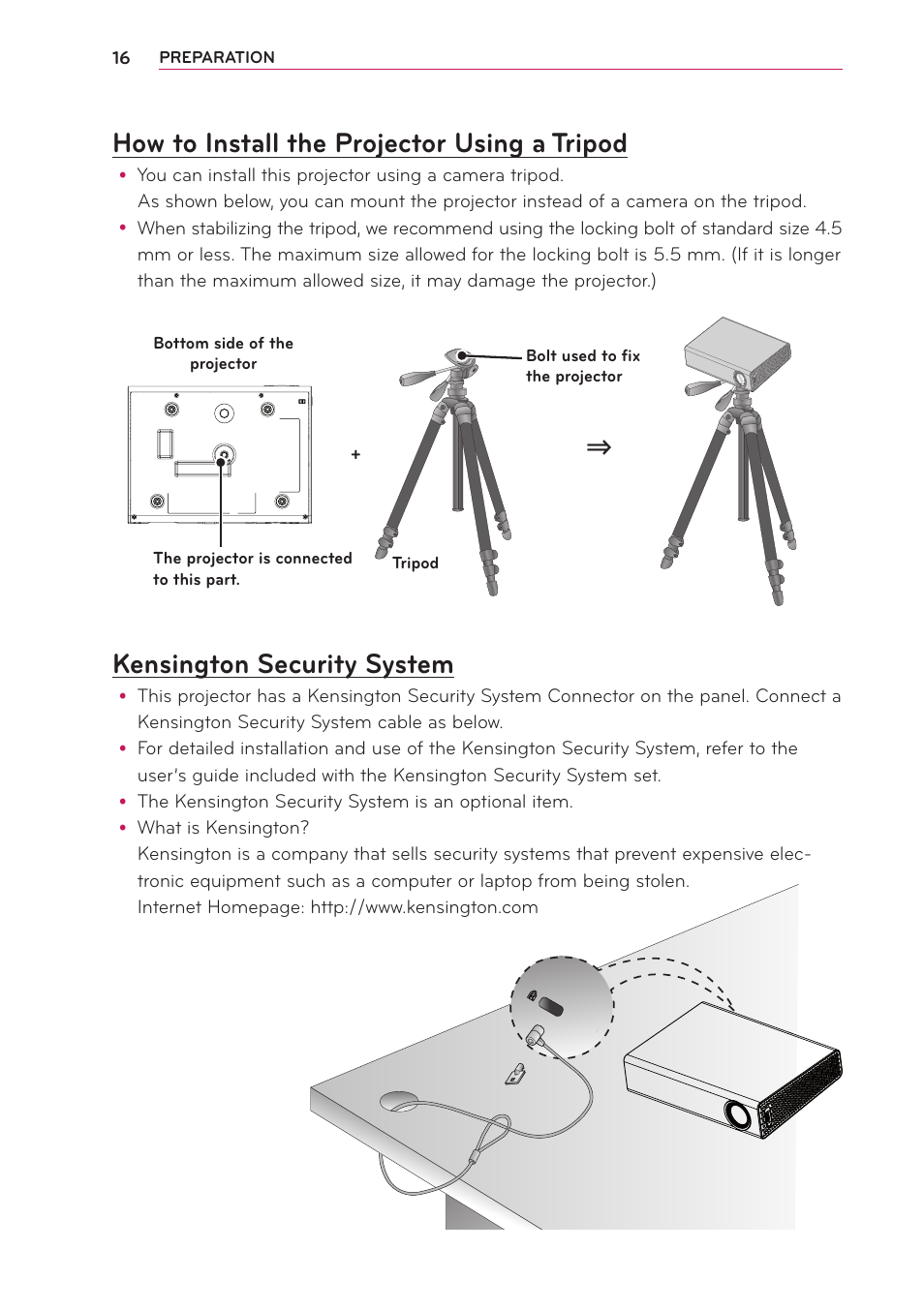 How to install the projector using a tripod, Kensington security system, How to install the projector using a | Tripod | LG PA70G User Manual | Page 16 / 60