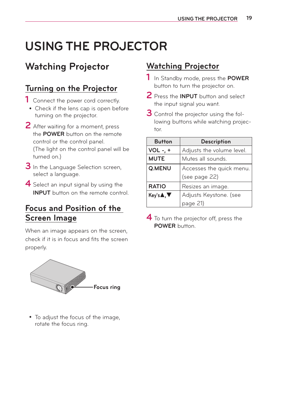 Using the projector, Watching projector, Turning on the projector | Focus and position of the screen image, Focus and position of the screen, Image | LG PA70G User Manual | Page 19 / 60