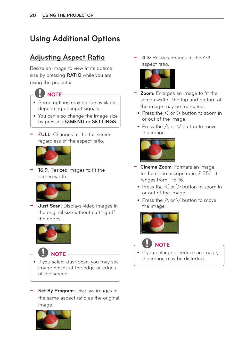 Using additional options, Adjusting aspect ratio | LG PA70G User Manual | Page 20 / 60
