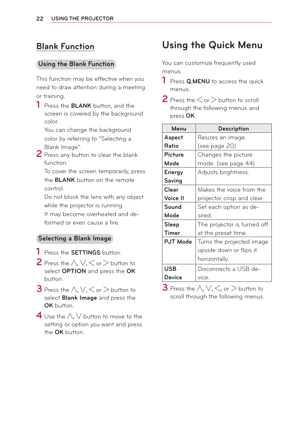 Blank function, Using the quick menu | LG PA70G User Manual | Page 22 / 60