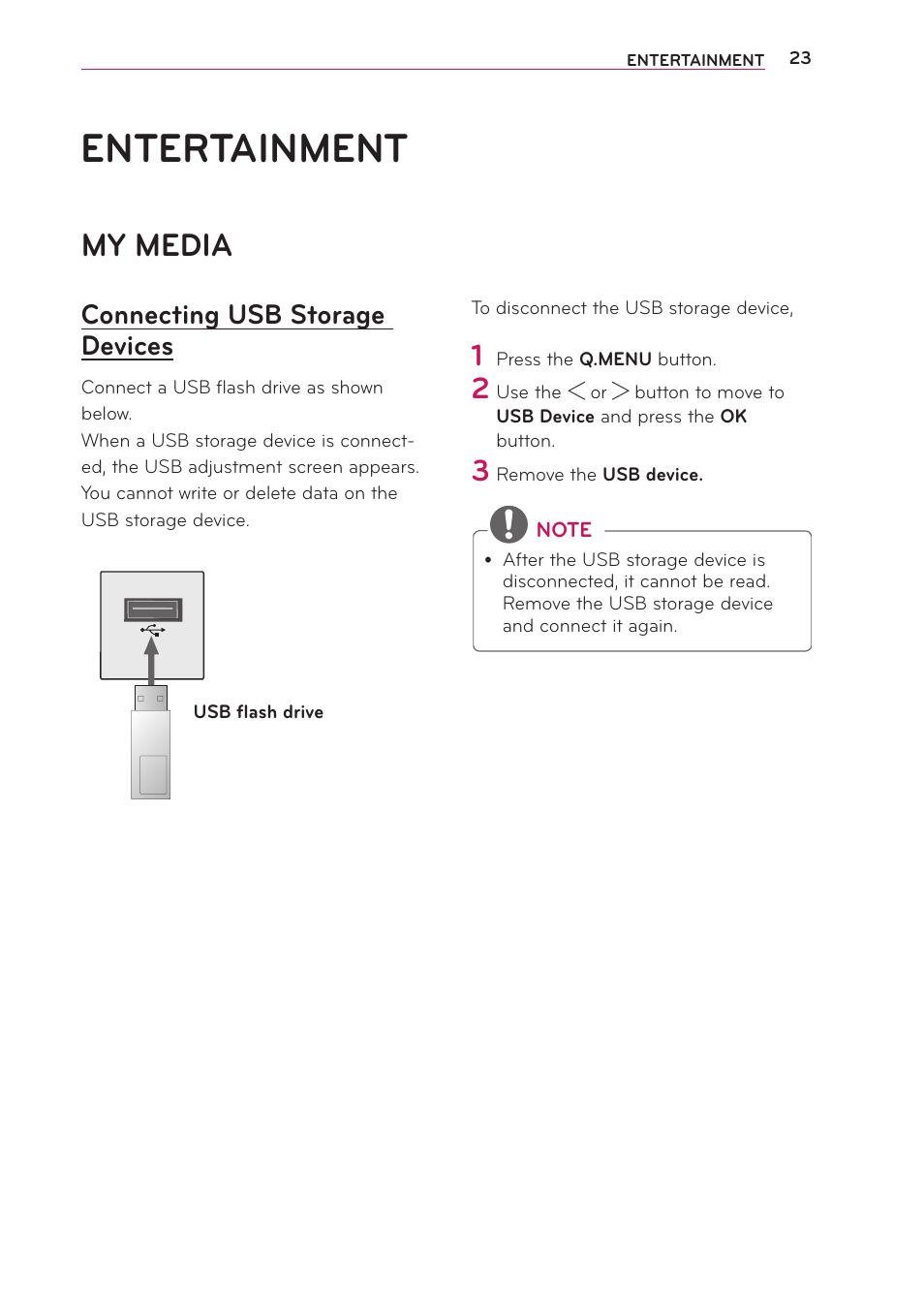 Entertainment, My media, Connecting usb storage devices | Connecting usb storage devices 23 | LG PA70G User Manual | Page 23 / 60