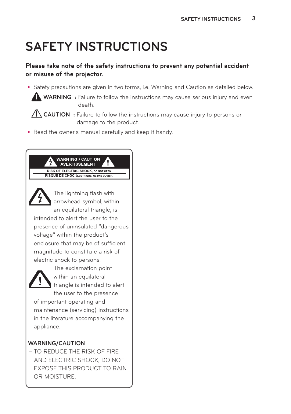 Safety instructions | LG PA70G User Manual | Page 3 / 60