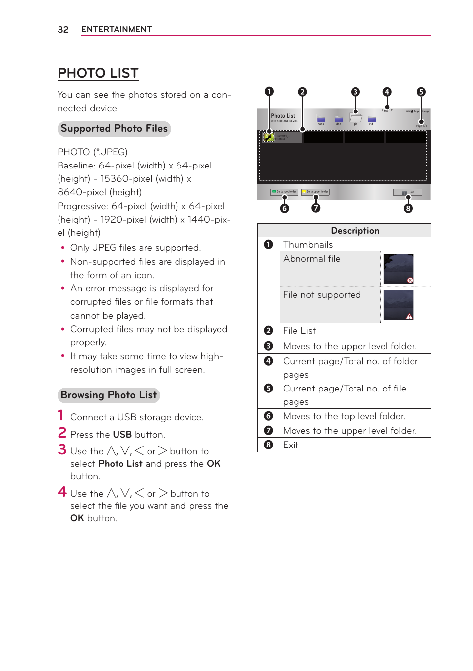 Photo list, Supported photo files, Browsing photo list | LG PA70G User Manual | Page 32 / 60