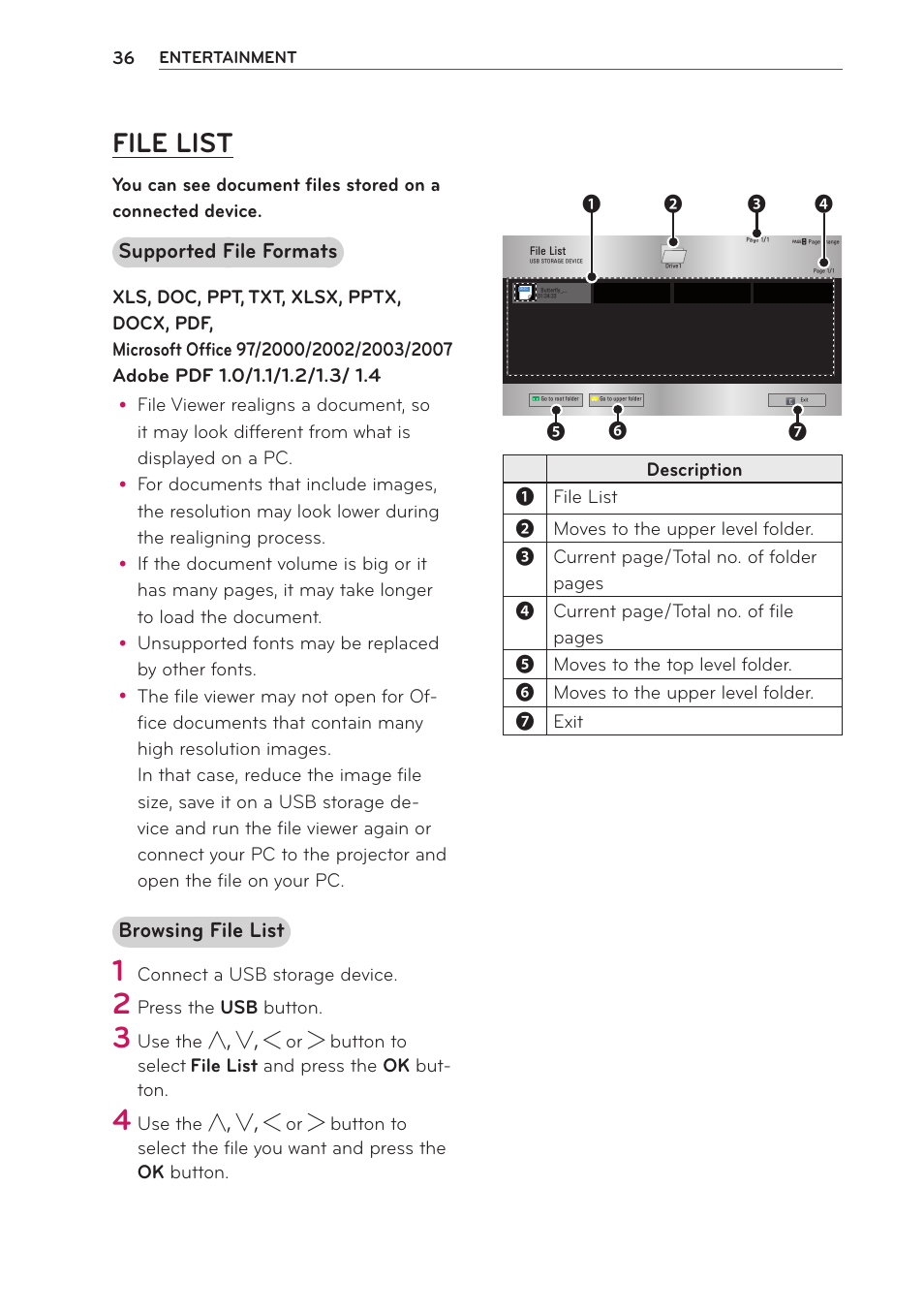 File list, Supported file formats, Browsing file list | LG PA70G User Manual | Page 36 / 60