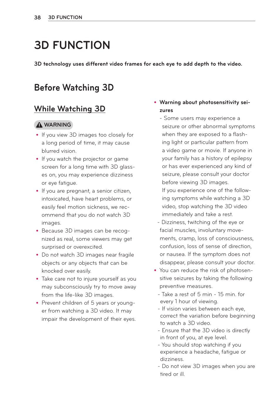 3d function, Before watching 3d, While watching 3d | LG PA70G User Manual | Page 38 / 60