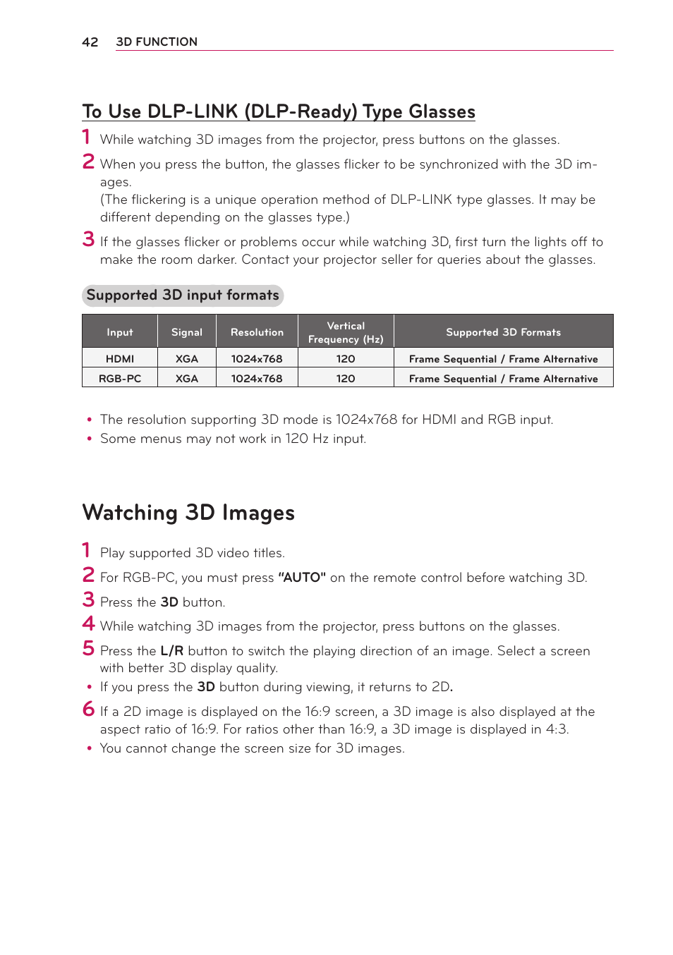 To use dlp-link (dlp-ready) type glasses, Watching 3d images, To use dlp-link (dlp-ready) type | Glasses | LG PA70G User Manual | Page 42 / 60