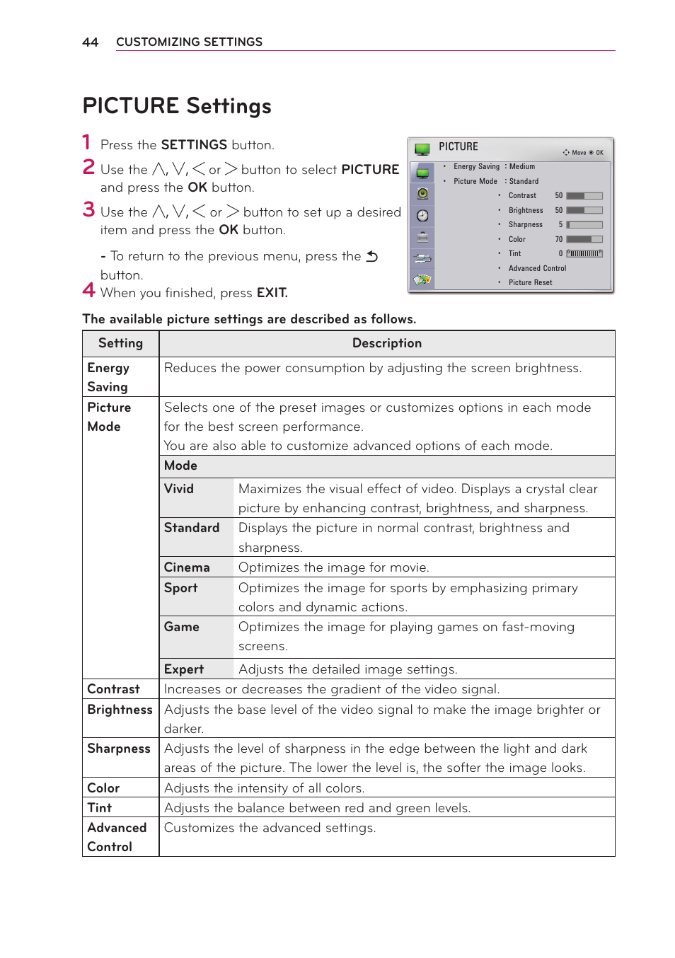 Picture settings | LG PA70G User Manual | Page 44 / 60