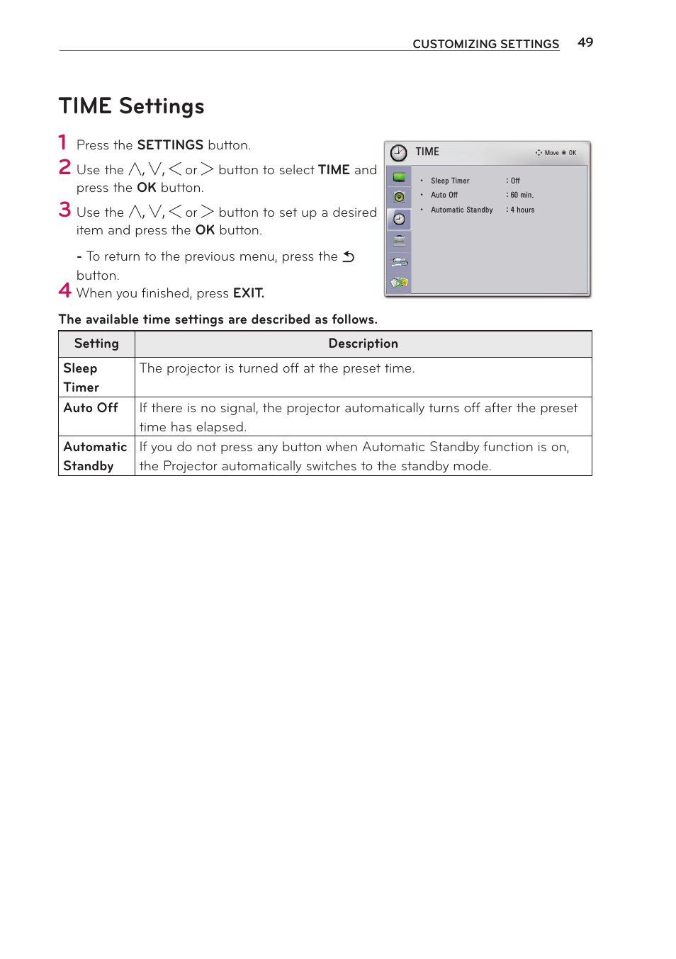 Time settings | LG PA70G User Manual | Page 49 / 60