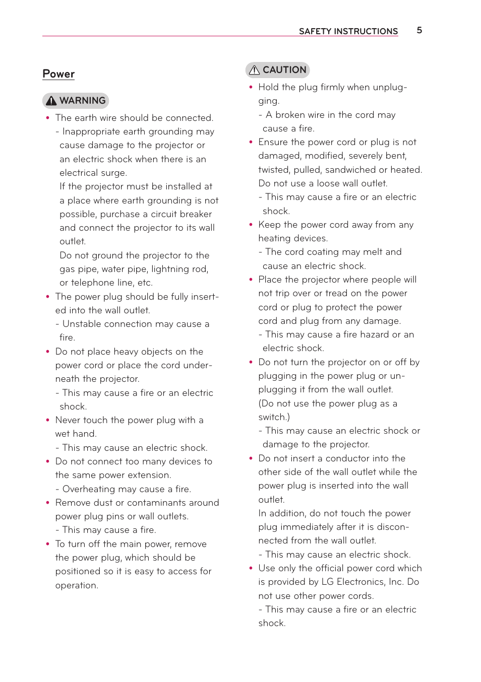 Power | LG PA70G User Manual | Page 5 / 60