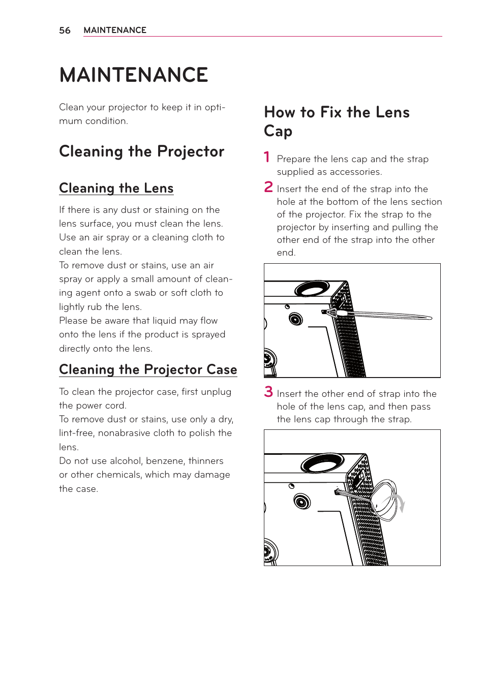 Maintenance, Cleaning the projector, Cleaning the lens | Cleaning the projector case, How to fix the lens cap | LG PA70G User Manual | Page 56 / 60
