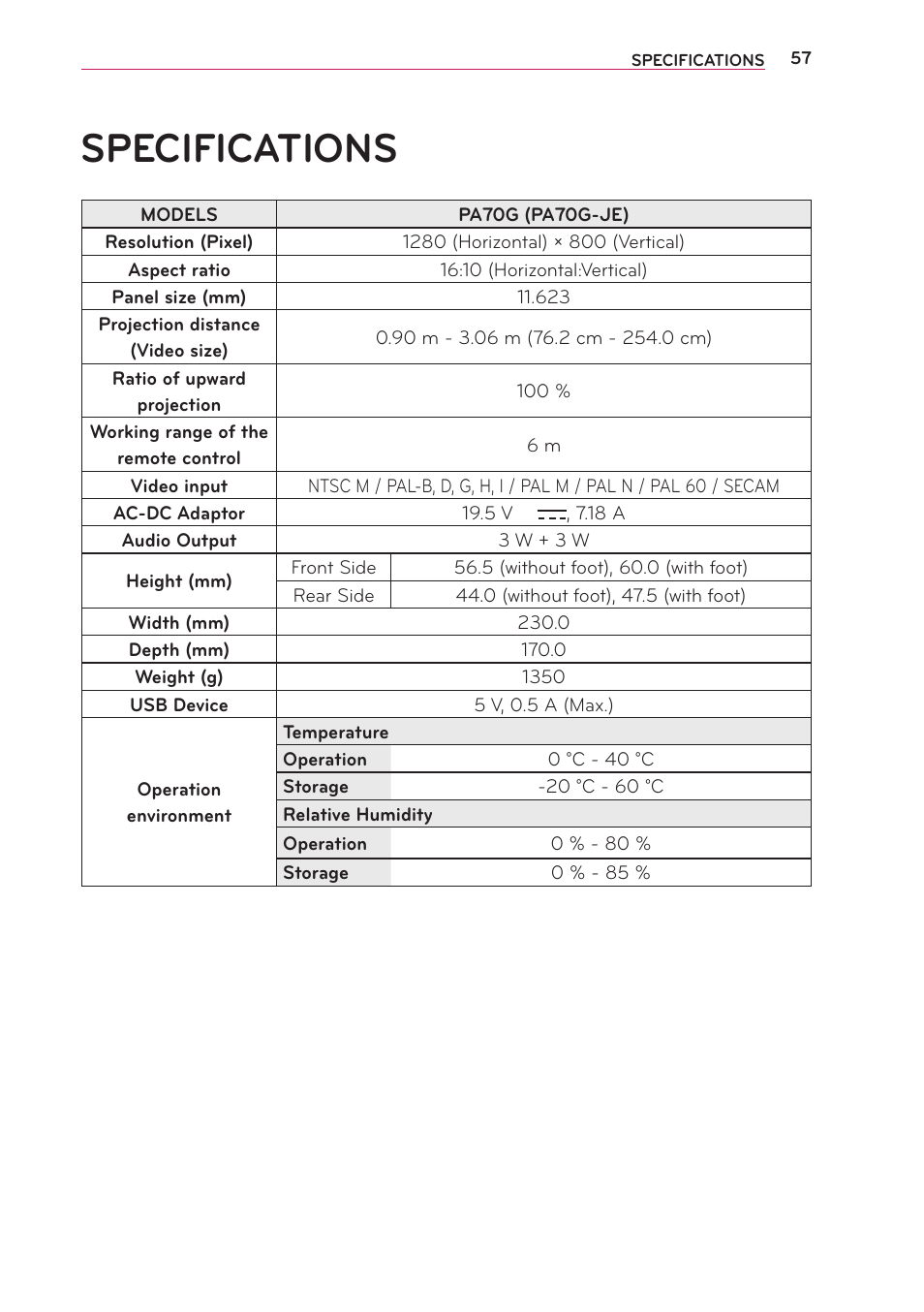 Specifications | LG PA70G User Manual | Page 57 / 60