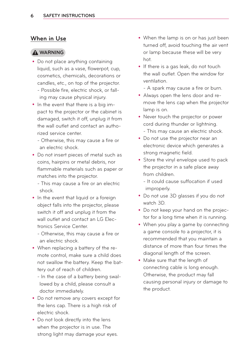 When in use | LG PA70G User Manual | Page 6 / 60