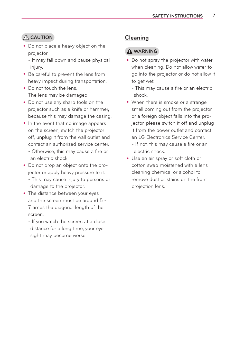 Cleaning | LG PA70G User Manual | Page 7 / 60
