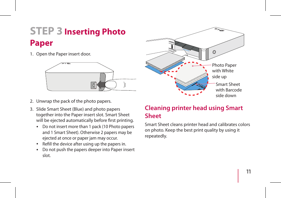 Step 3 inserting photo paper, Cleaning printer head using smart sheet, Cleaning printer head using smart sheet 11 | Step 3, Inserting photo paper | LG PD233 User Manual | Page 11 / 28