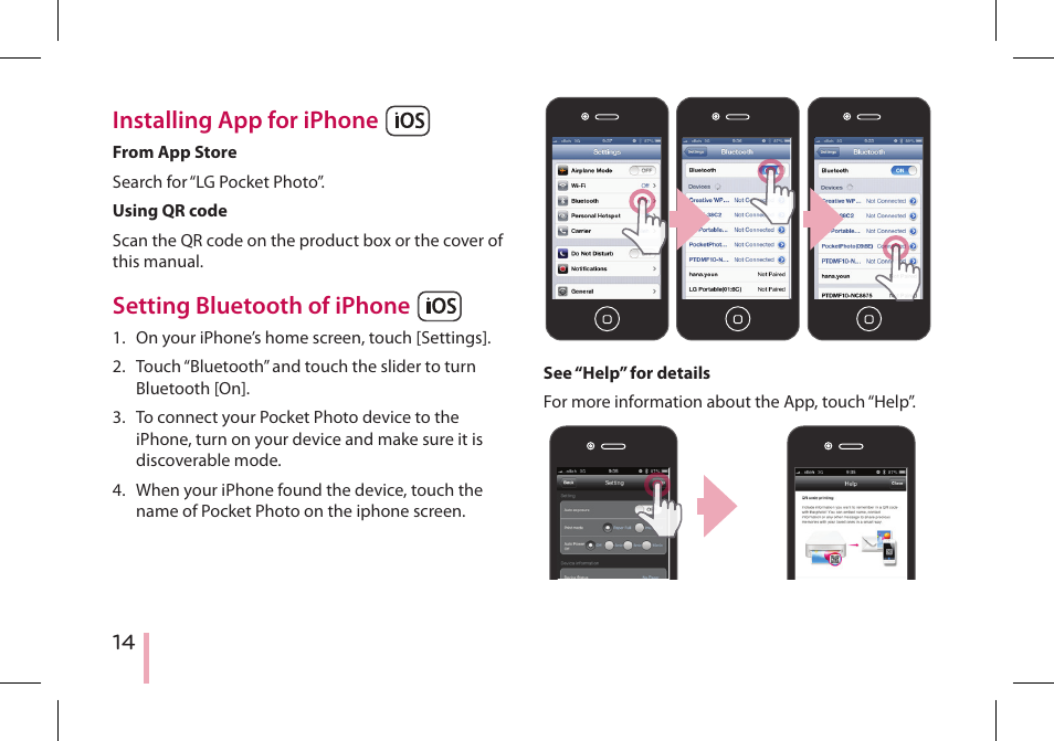 Installing app for iphone, Setting bluetooth of iphone | LG PD233 User Manual | Page 14 / 28