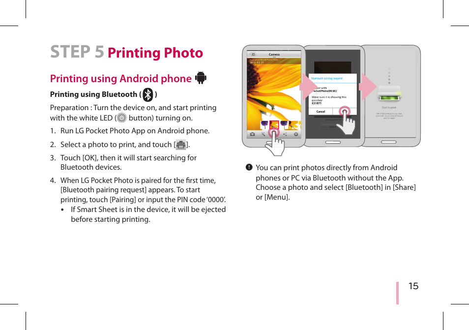 Step 5 printing photo, Printing using android phone, Step 5 | Printing photo | LG PD233 User Manual | Page 15 / 28