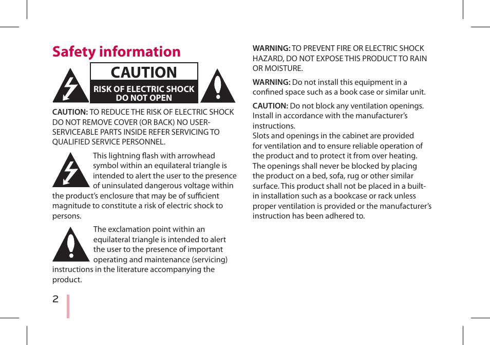 Safety information, Caution | LG PD233 User Manual | Page 2 / 28