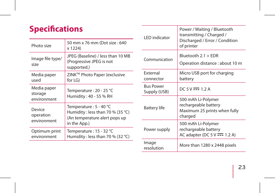 Specifications | LG PD233 User Manual | Page 23 / 28