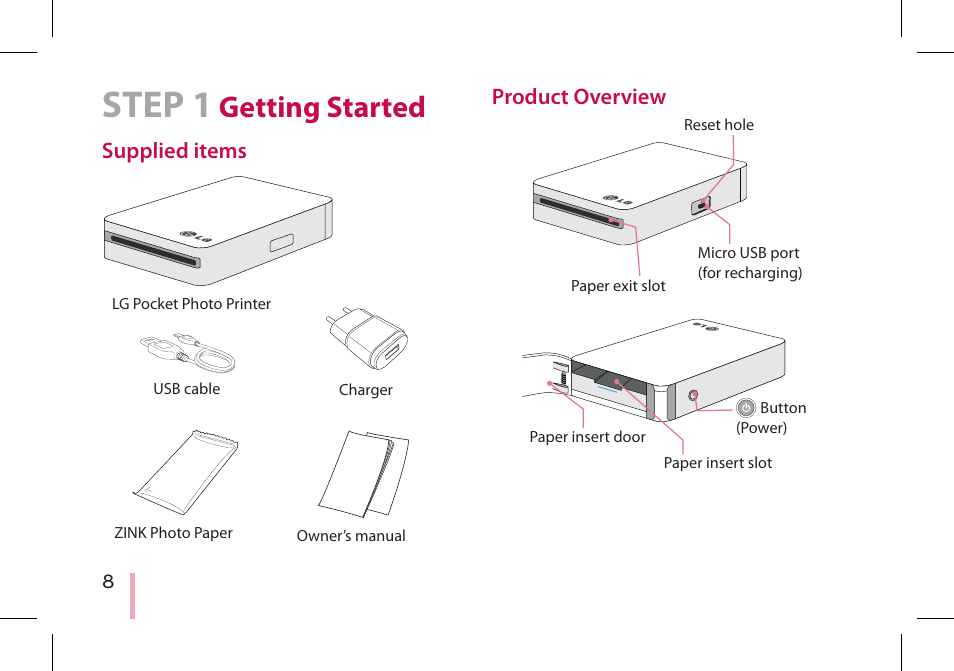 Step 1 getting started, Supplied items, Product overview | Step 1, Getting started | LG PD233 User Manual | Page 8 / 28