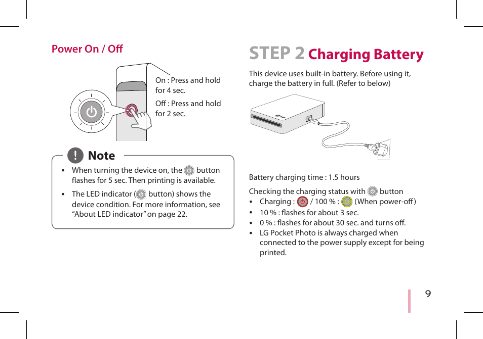 Power on / off, Step 2 charging battery, Step 2 | Charging battery | LG PD233 User Manual | Page 9 / 28