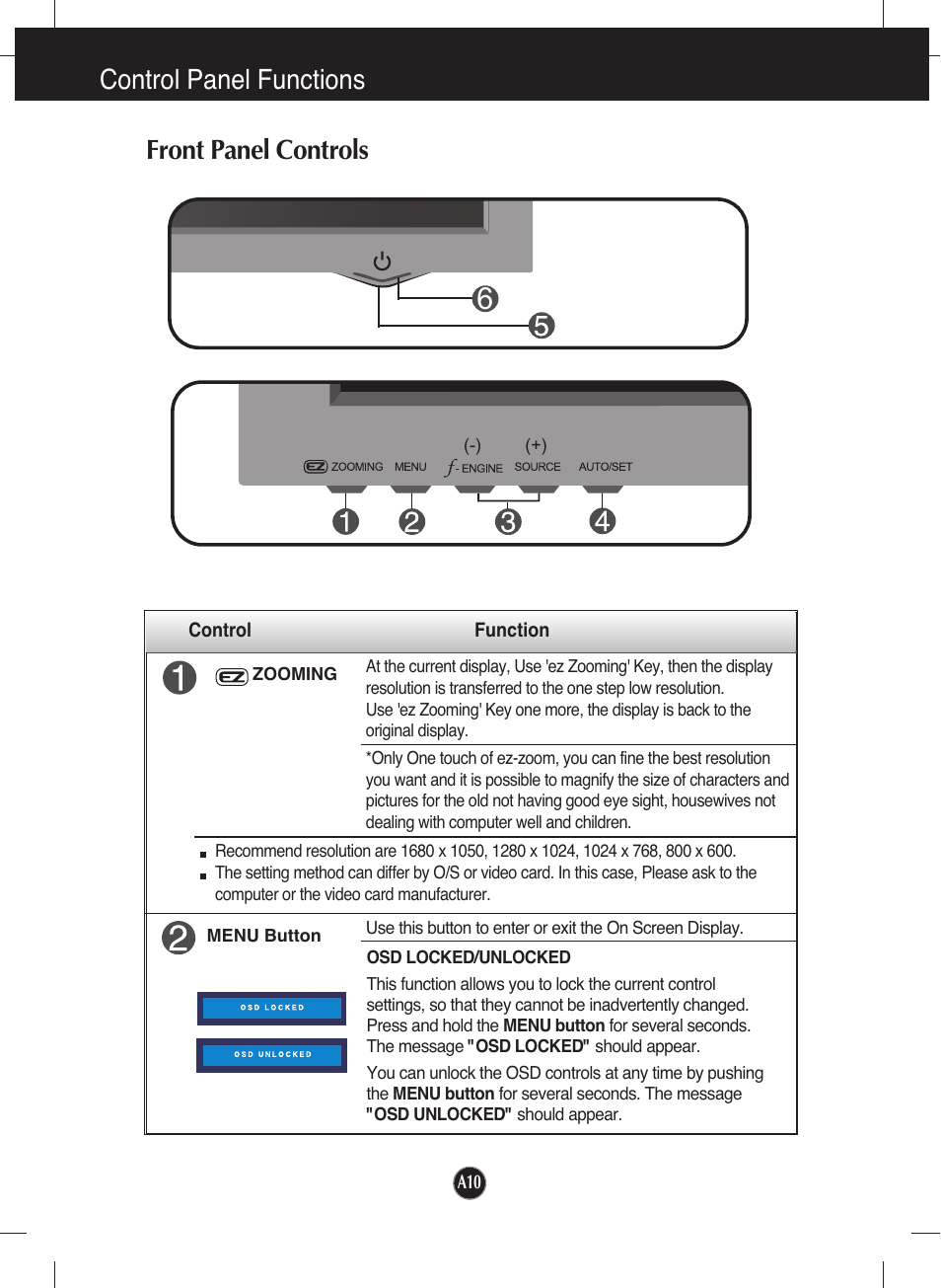 Control panel functions, Front panel controls | LG L226WTQ-SF User Manual | Page 11 / 26