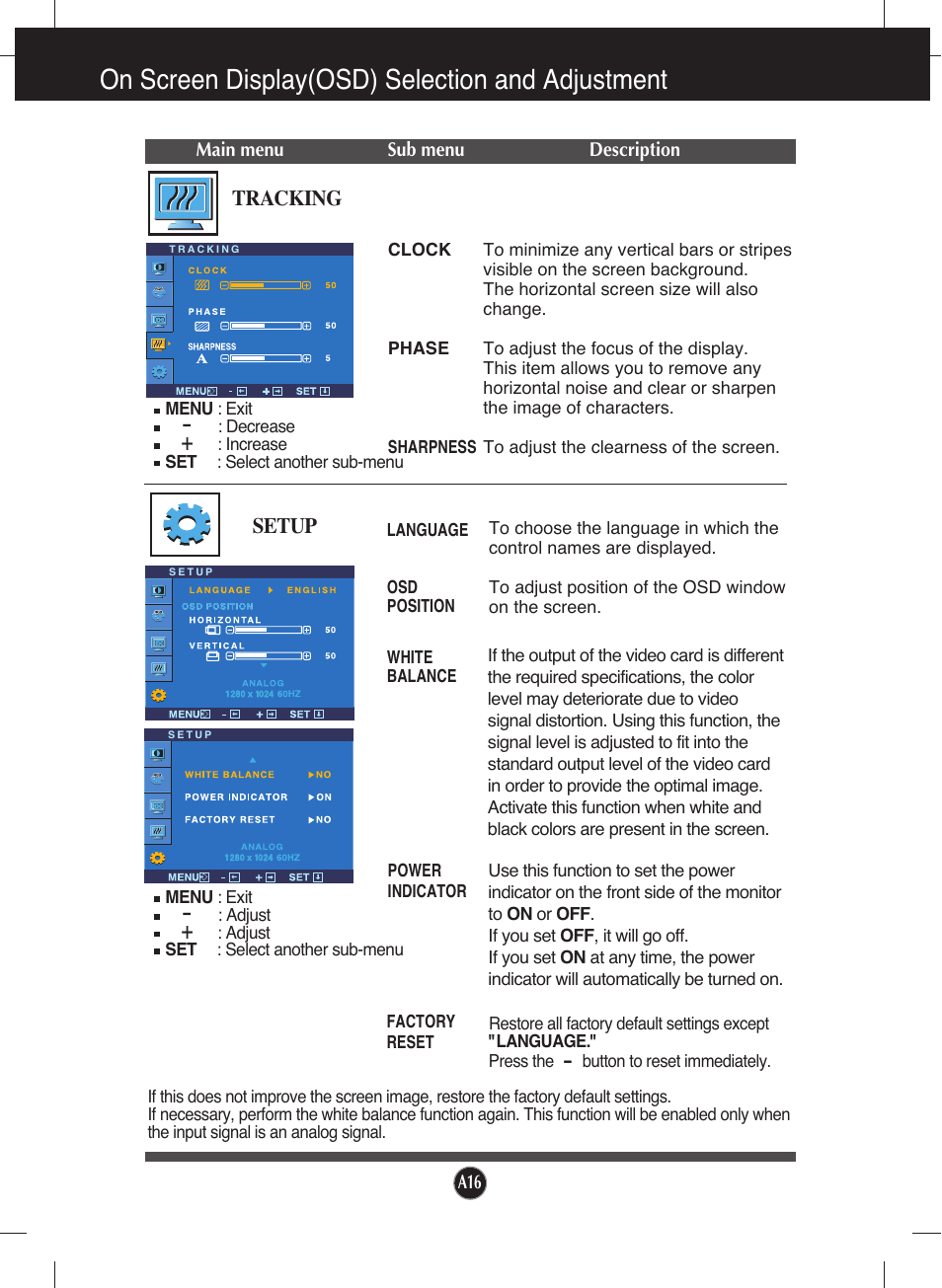 Tracking, Setup, On screen display(osd) selection and adjustment | LG L226WTQ-SF User Manual | Page 17 / 26