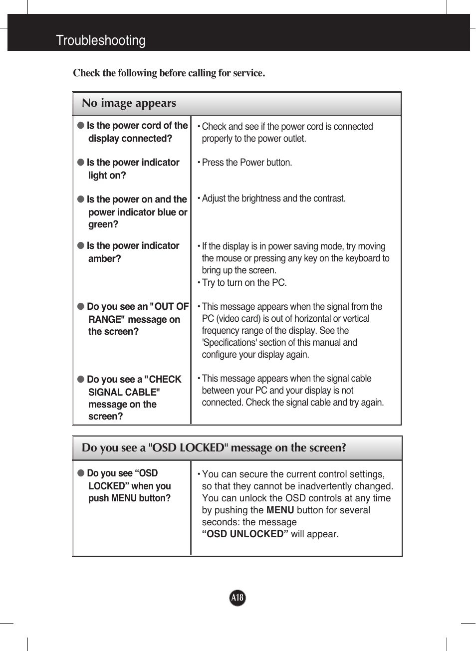 Troubleshooting, No image appears, Do you see a "osd locked" message on the screen | LG L226WTQ-SF User Manual | Page 19 / 26