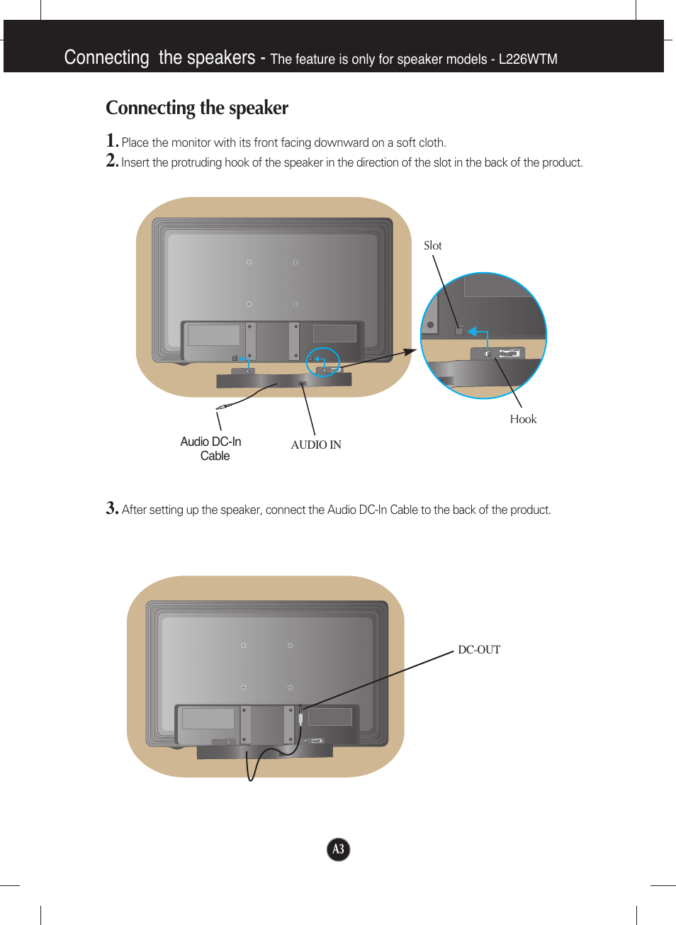 Connecting the speaker, Connecting the speaker 1, Connecting the speakers | LG L226WTQ-SF User Manual | Page 4 / 26