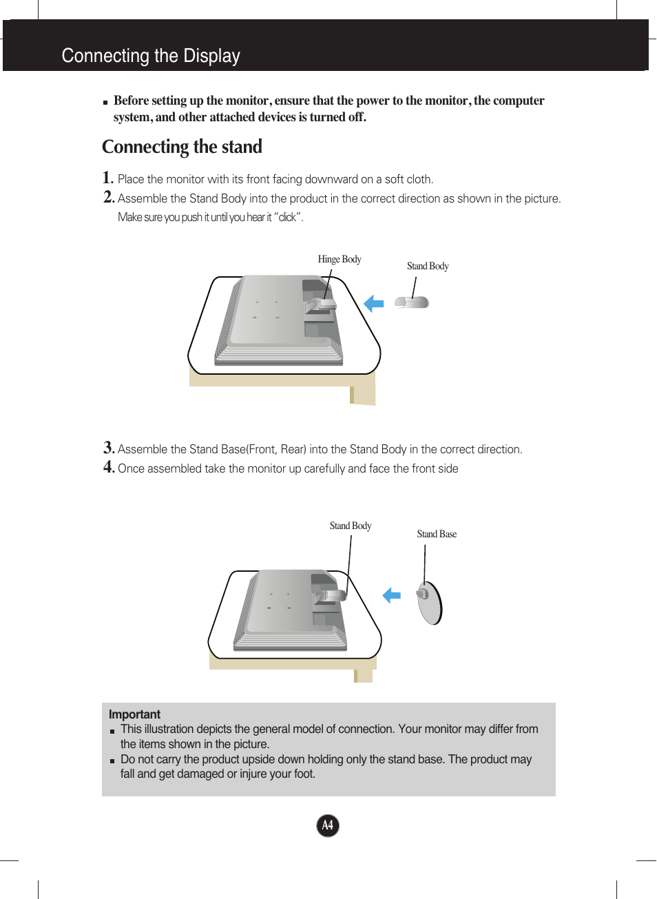 Connecting the display, Connecting the stand | LG L226WTQ-SF User Manual | Page 5 / 26