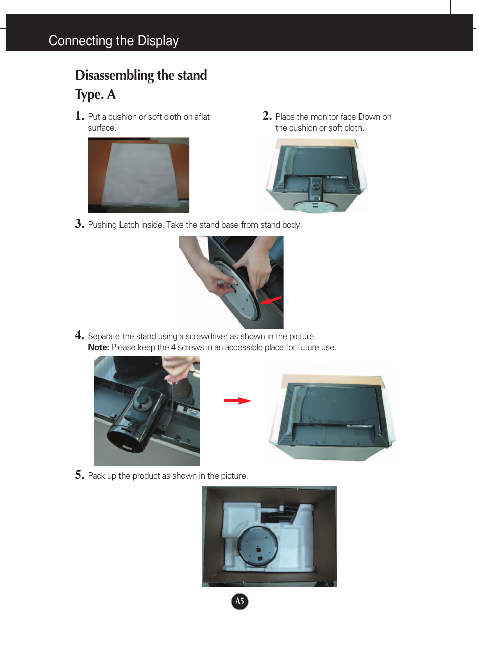 Disassembling the stand, Connecting the display, Disassembling the stand type. a | LG L226WTQ-SF User Manual | Page 6 / 26