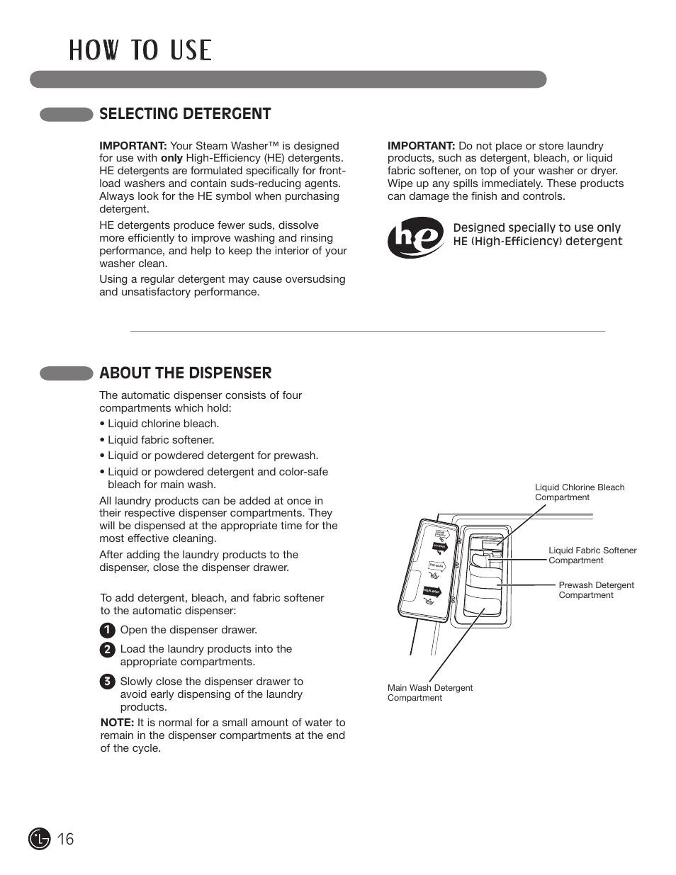 H o w to u s e, Selecting detergent about the dispenser | LG WM0742HWA User Manual | Page 16 / 72