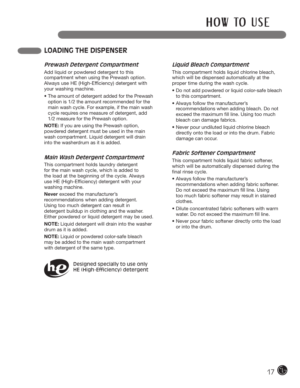 H o w to u s e, Loading the dispenser | LG WM0742HWA User Manual | Page 17 / 72