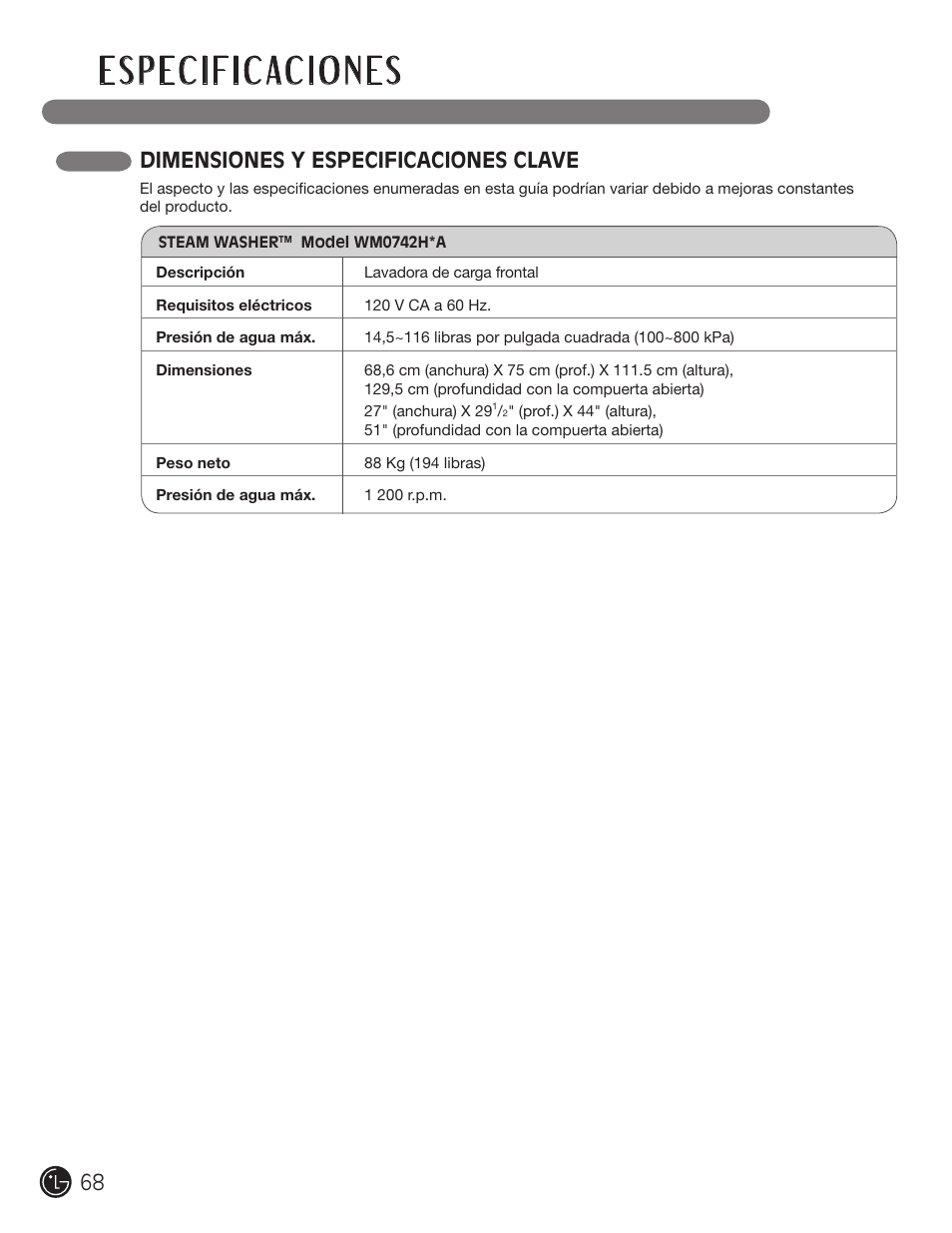 Dimensiones y especificaciones clave | LG WM0742HWA User Manual | Page 68 / 72