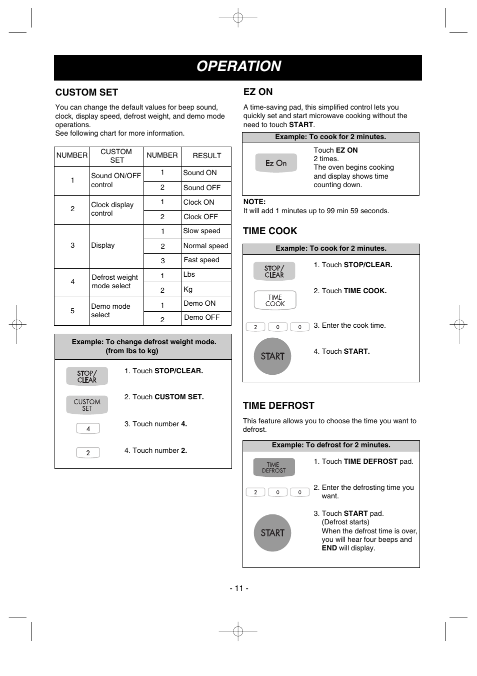 Operation, Custom set, Ez on | Time cook, Time defrost | LG MV-1501B User Manual | Page 11 / 30