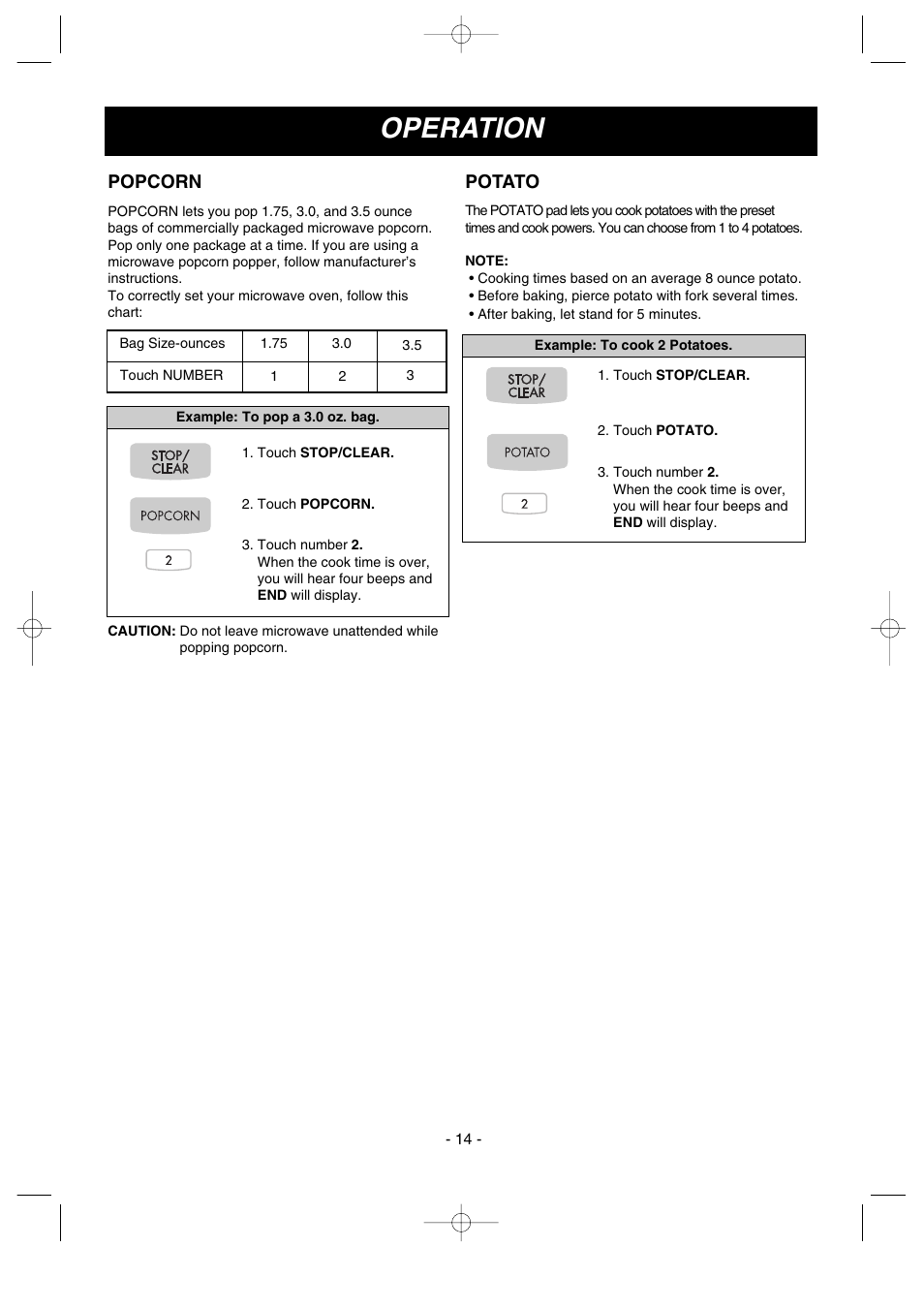 Operation, Potato, Popcorn | LG MV-1501B User Manual | Page 14 / 30