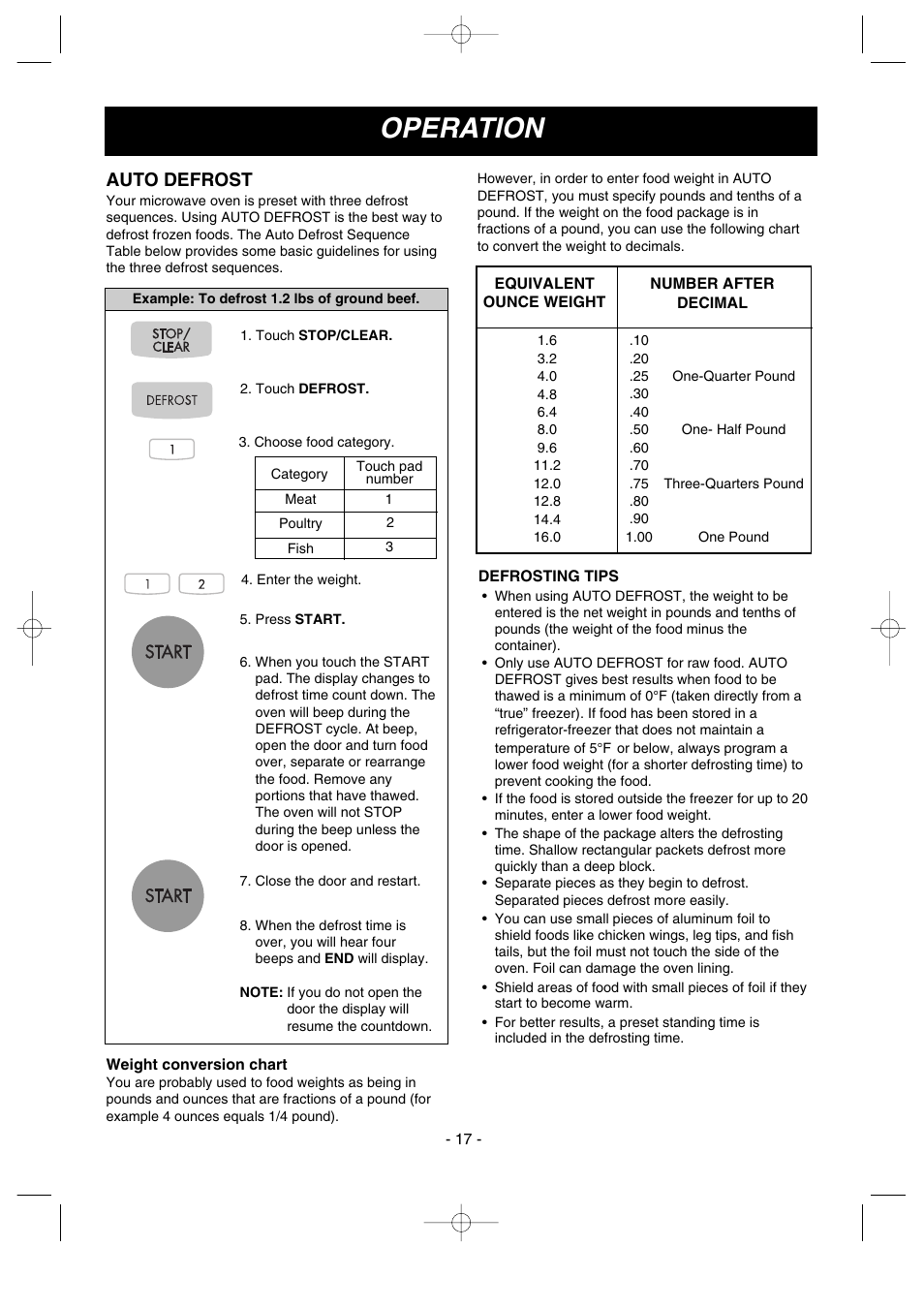 Operation, Auto defrost | LG MV-1501B User Manual | Page 17 / 30