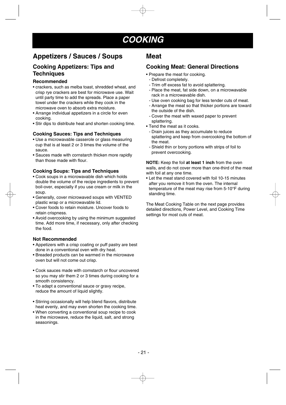 Cooking, Appetizers / sauces / soups, Meat | Cooking appetizers: tips and techniques, Cooking meat: general directions | LG MV-1501B User Manual | Page 21 / 30
