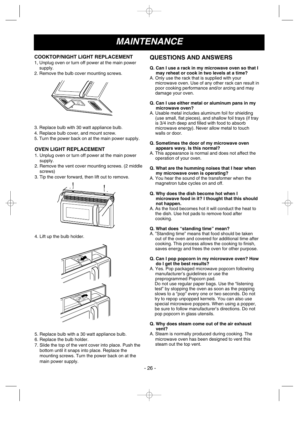 Maintenance, Questions and answers | LG MV-1501B User Manual | Page 26 / 30