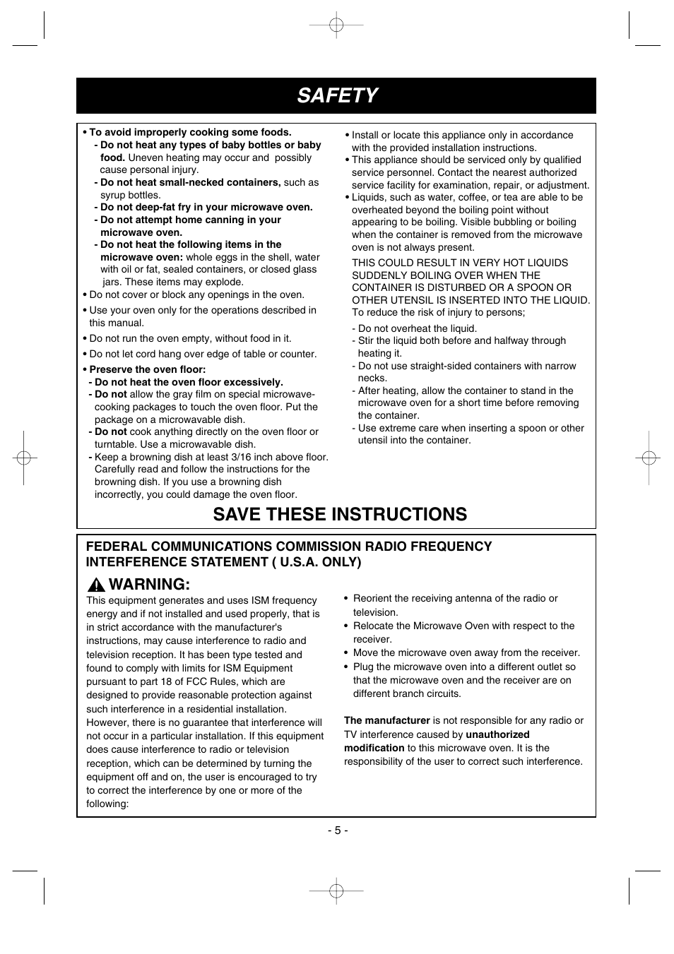 Safety, Save these instructions, Warning | LG MV-1501B User Manual | Page 5 / 30