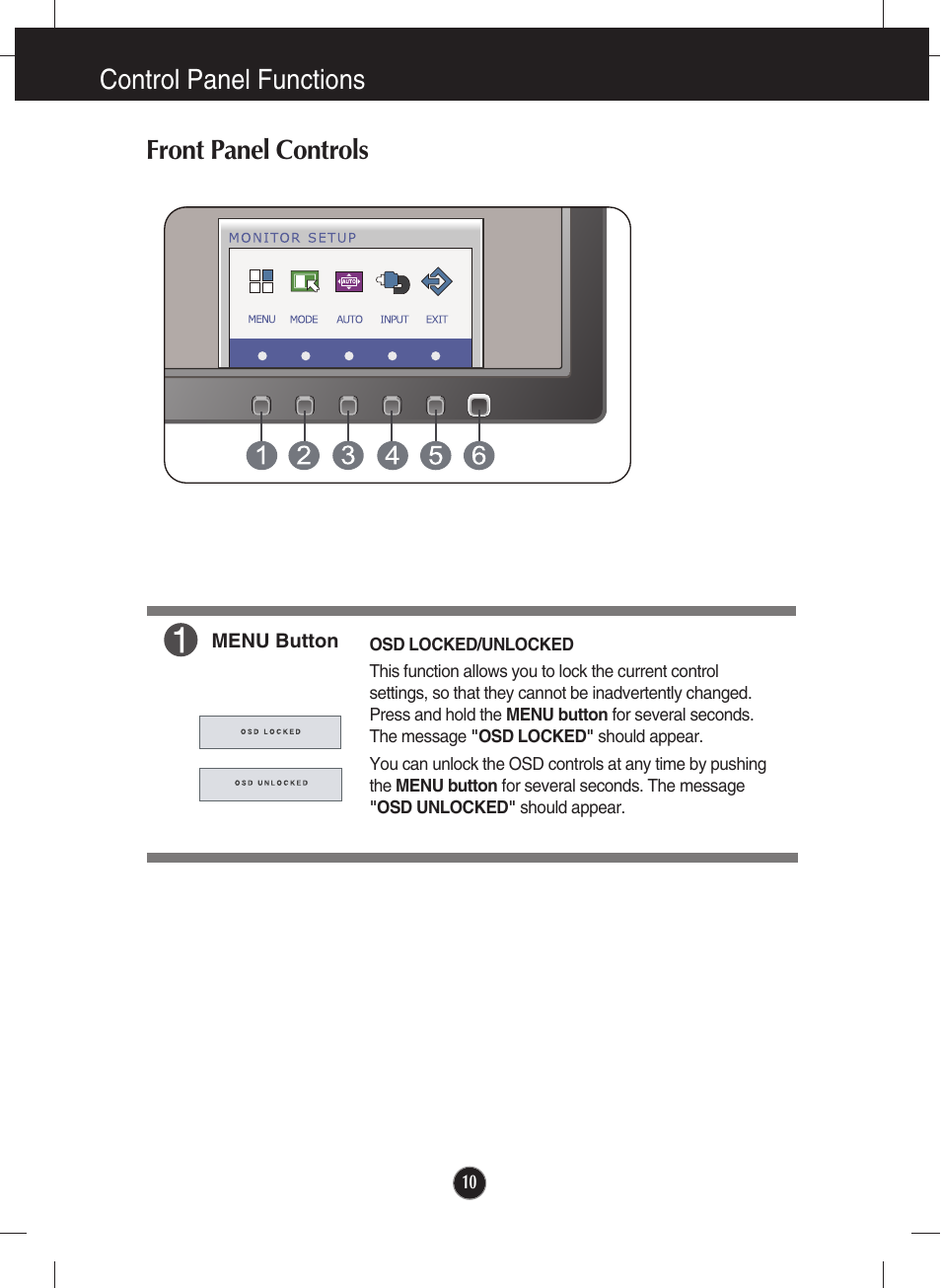 Control panel functions, Front panel controls, Control panel functions front panel controls | LG E2210P-BN User Manual | Page 11 / 30