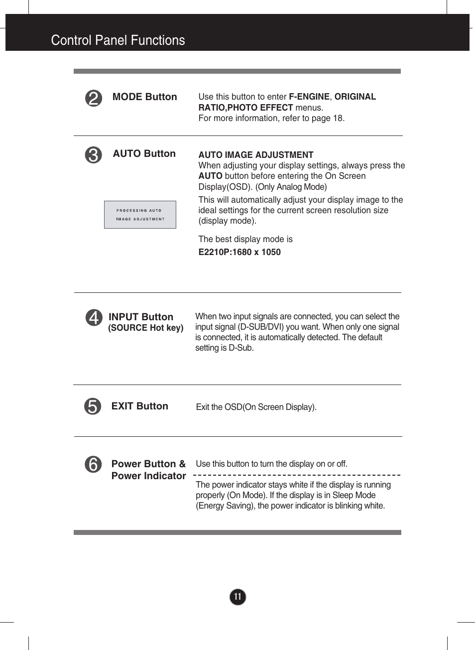 Control panel functions | LG E2210P-BN User Manual | Page 12 / 30