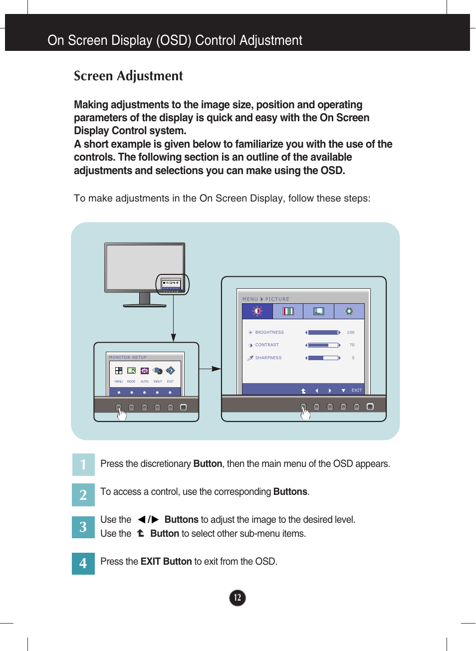 On screen display (osd) control adjustment, Screen adjustment | LG E2210P-BN User Manual | Page 13 / 30