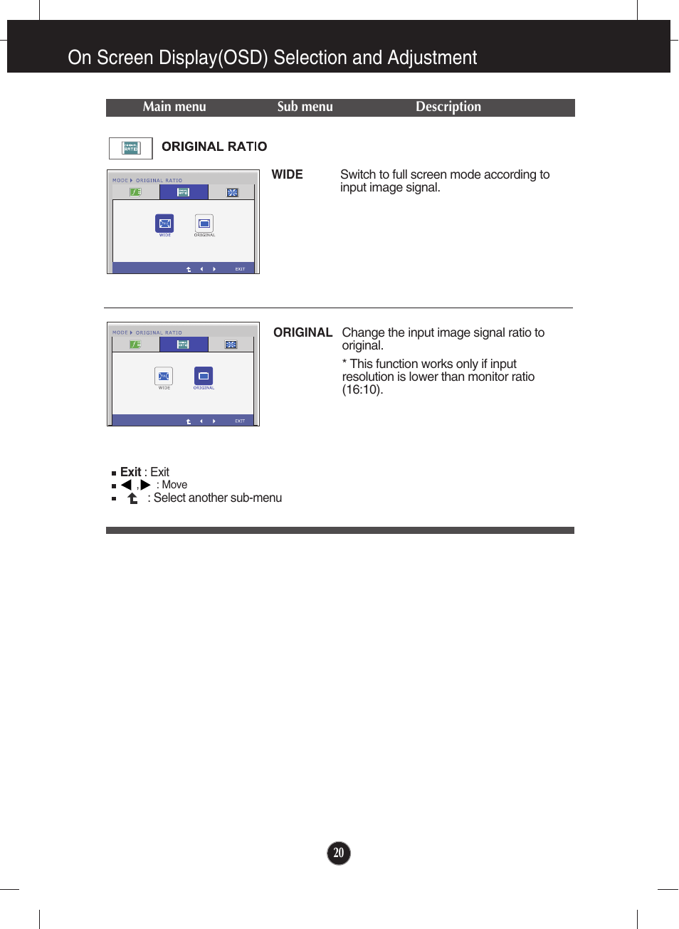 Original ratio, On screen display(osd) selection and adjustment | LG E2210P-BN User Manual | Page 21 / 30