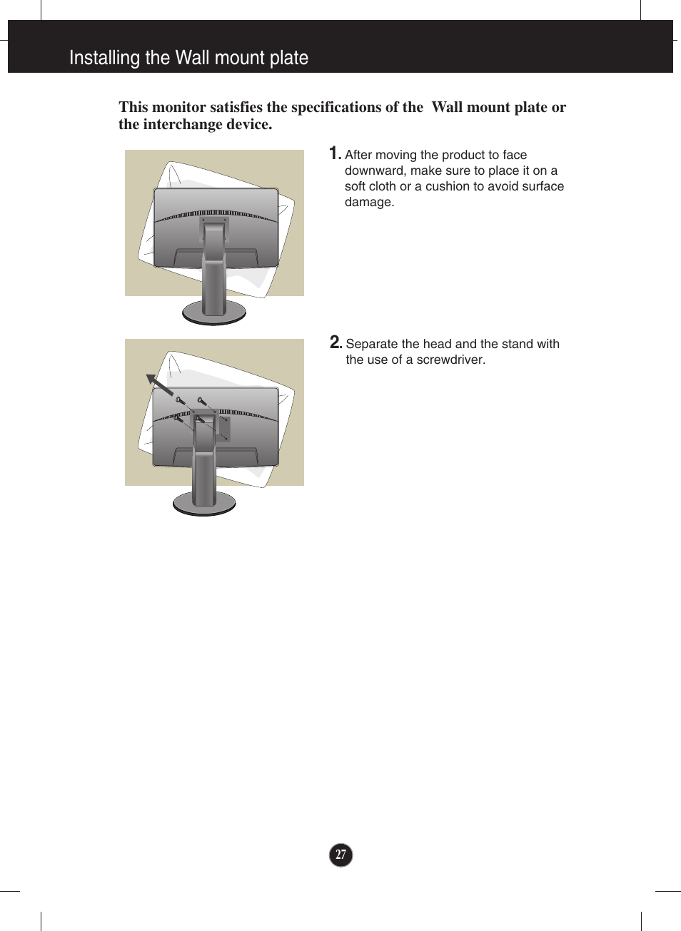 Installing the wall mount plate | LG E2210P-BN User Manual | Page 28 / 30