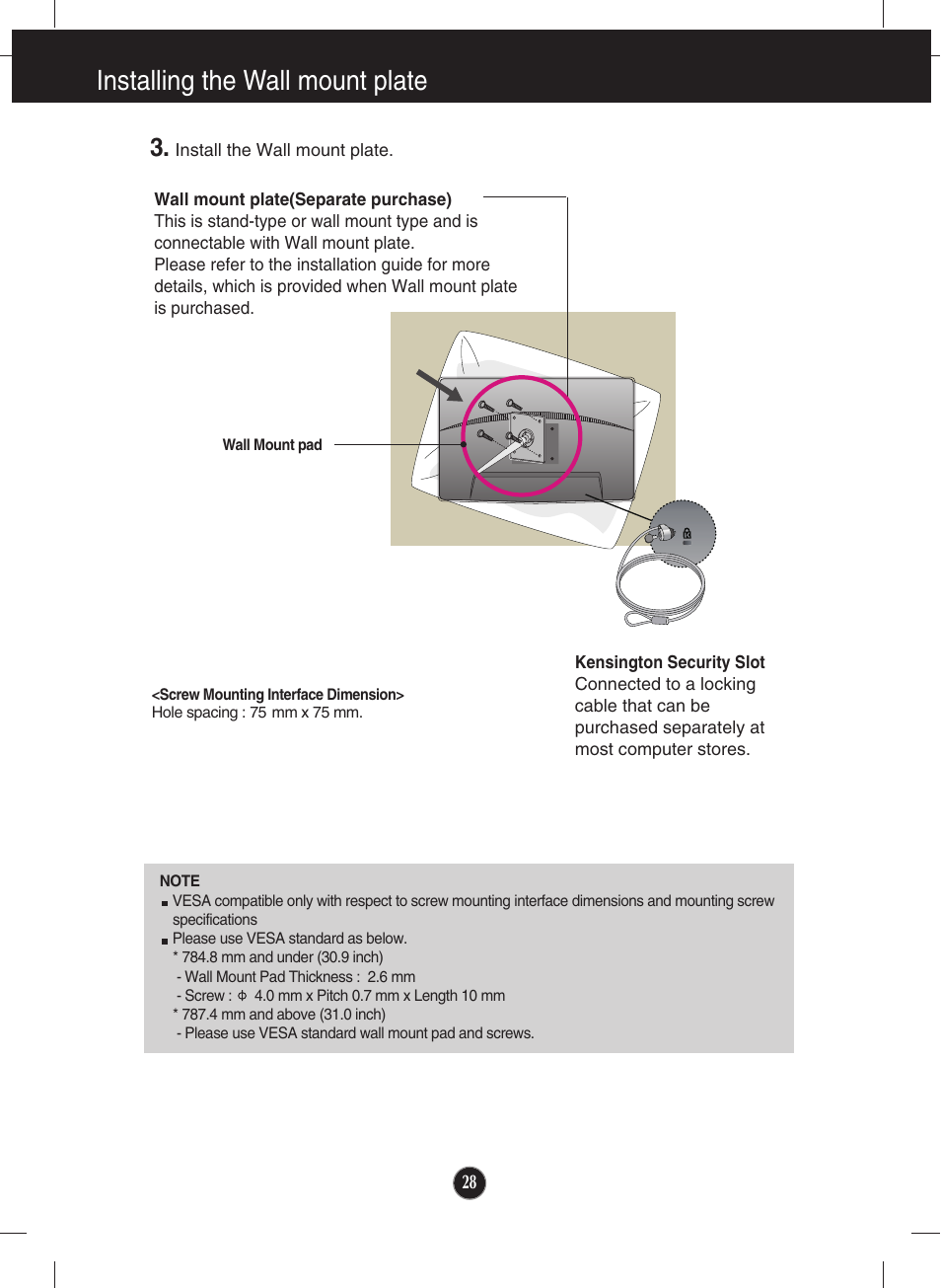 Installing the wall mount plate | LG E2210P-BN User Manual | Page 29 / 30