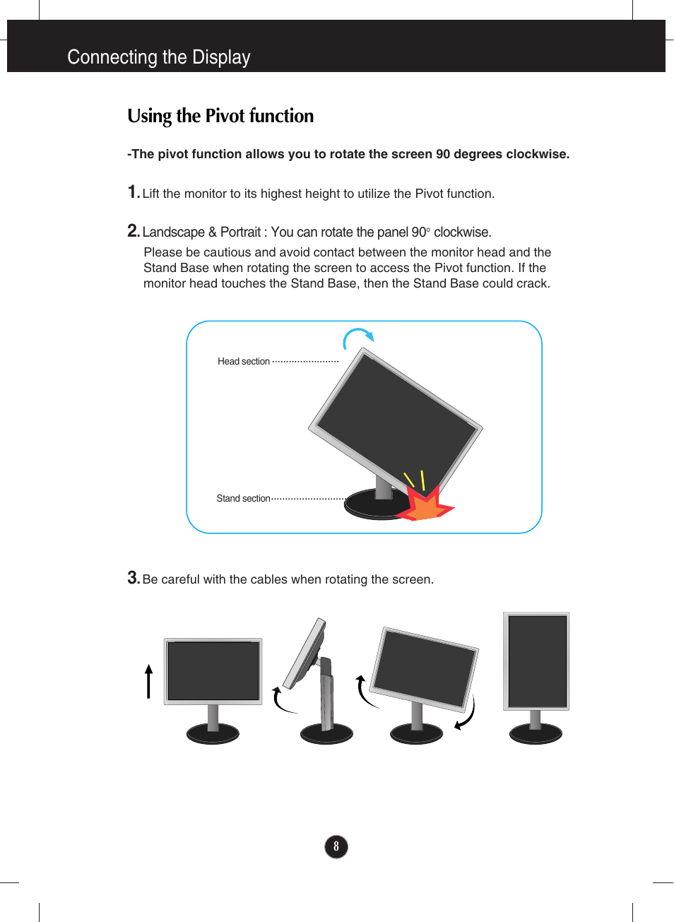 Using the pivot function, Connecting the display | LG E2210P-BN User Manual | Page 9 / 30