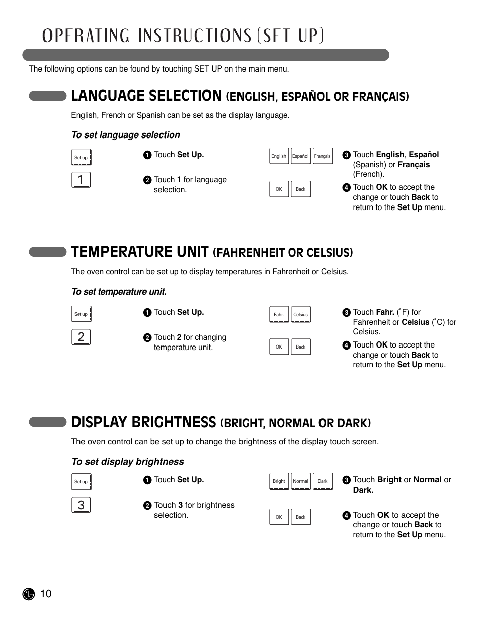 Language selection, Temperature unit, Display brightness | English, español or français), Fahrenheit or celsius), Bright, normal or dark) | LG LSWD305ST User Manual | Page 10 / 80