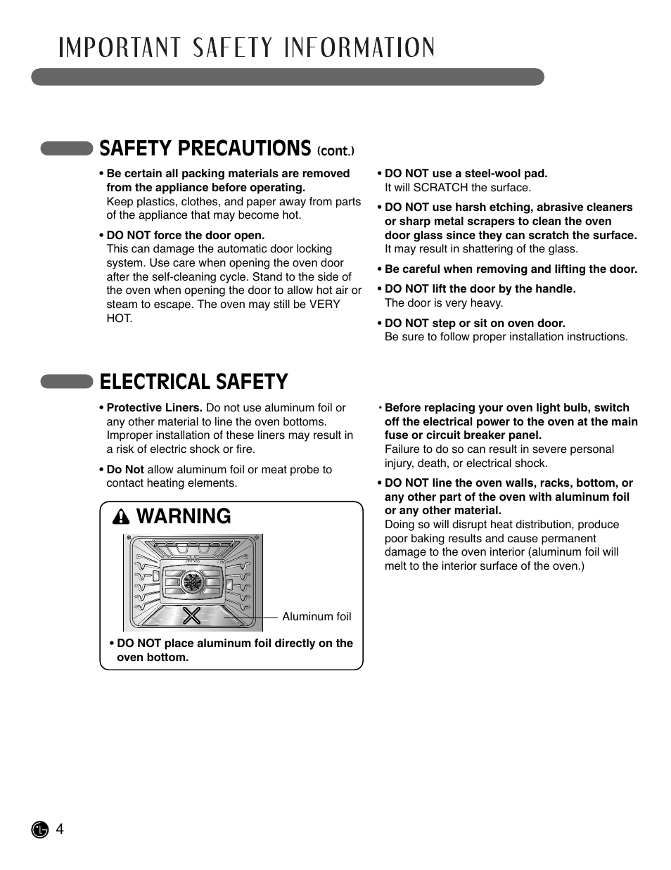 Read all instructions before use, Safety precautions, Electrical safety | Warning | LG LSWD305ST User Manual | Page 4 / 80
