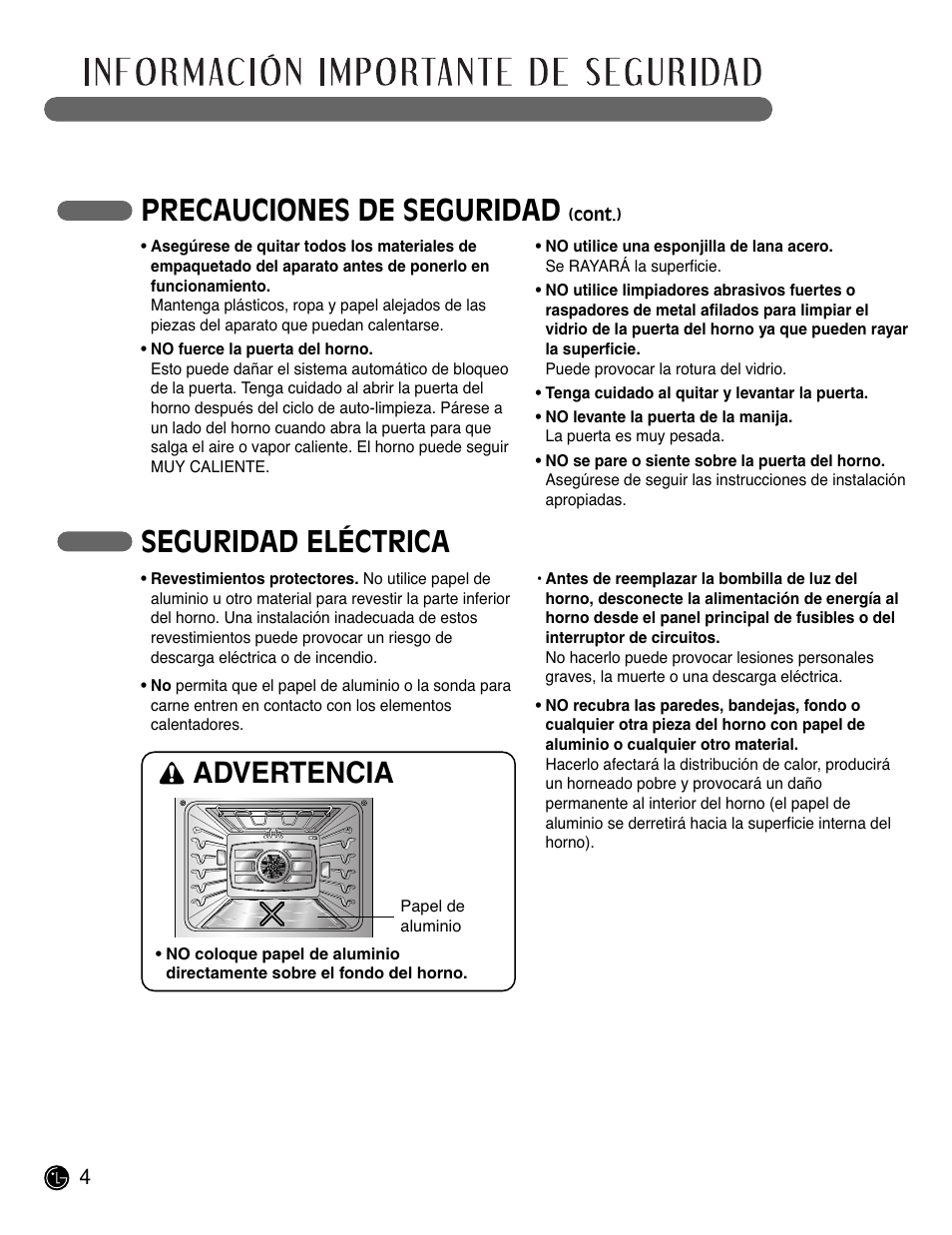Lea todas las instrucciones antes de usar, Precauciones de seguridad, Seguridad eléctrica | Advertencia | LG LSWD305ST User Manual | Page 44 / 80